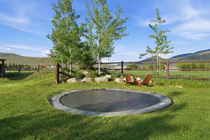 Expansive green lawn featuring an in-ground trampoline