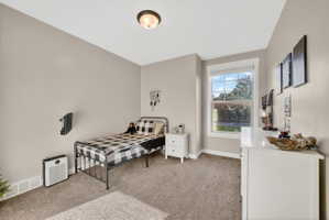 Carpeted room with a double-hung window, crown molding, and a flush mount ceiling light
