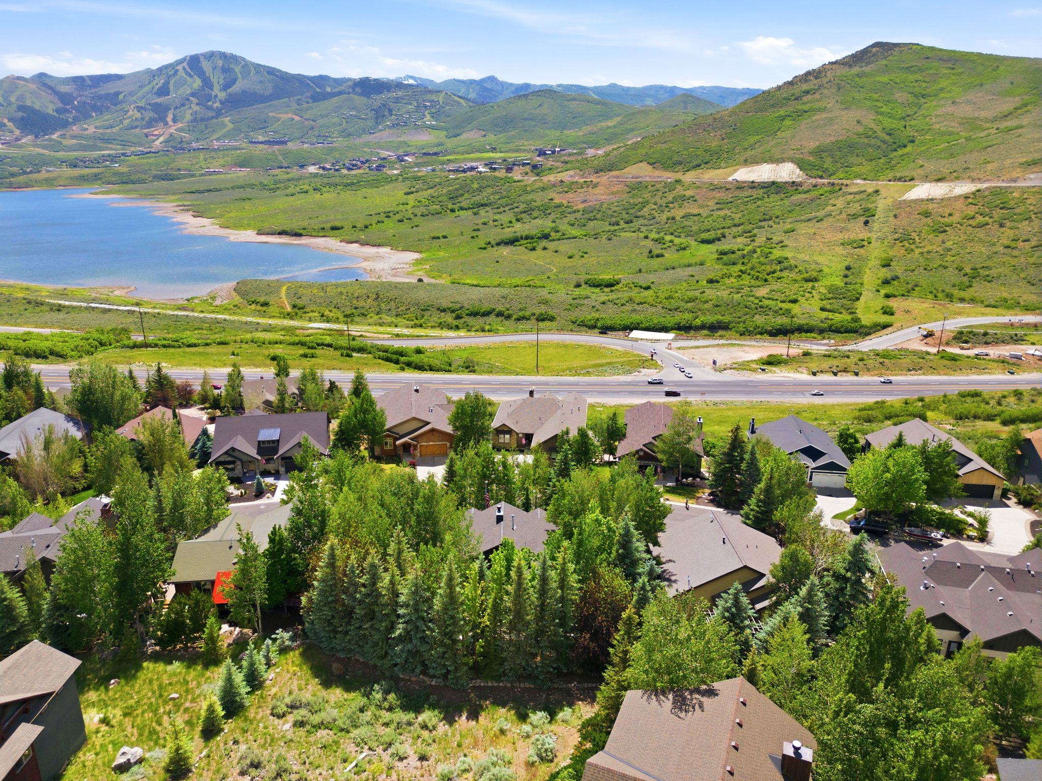 Aerial perspective showcasing a residential community amidst lush greenery