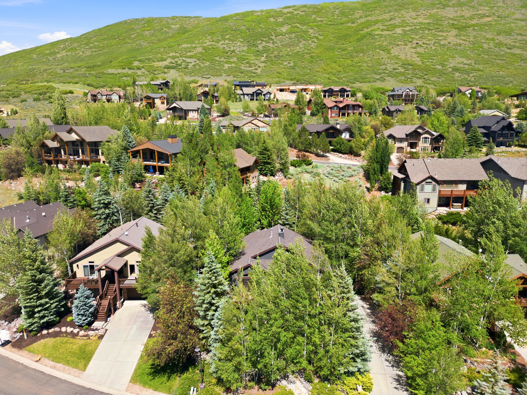 Residential community featuring multiple homes set against a green hillside backdrop