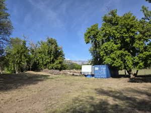 Expansive land parcel featuring mature trees, mountain backdrop, and clear sky
