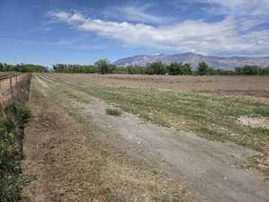 Expansive undeveloped land with a partial wire fence, verdant trees in the mid-ground, and a distant mountain range under a blue sky