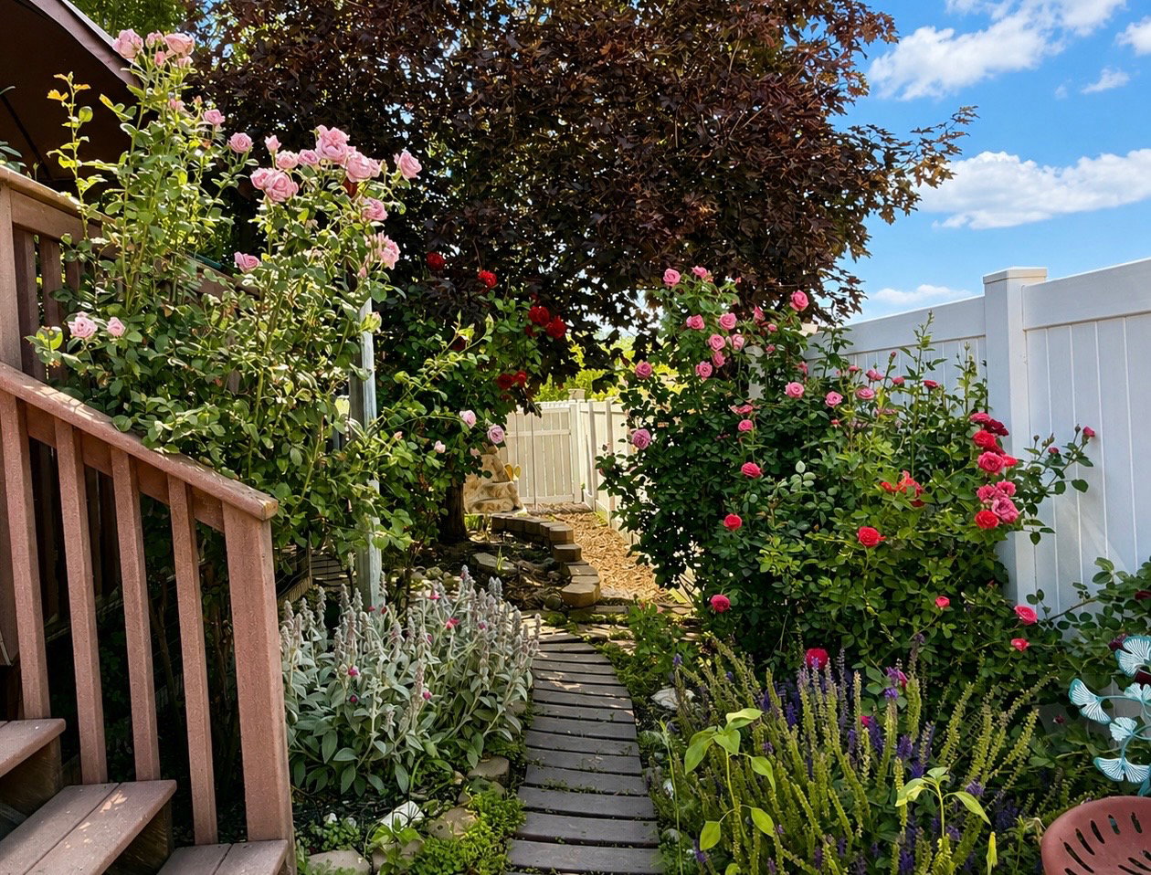Manicured garden area featuring mature rose bushes and diverse plantings