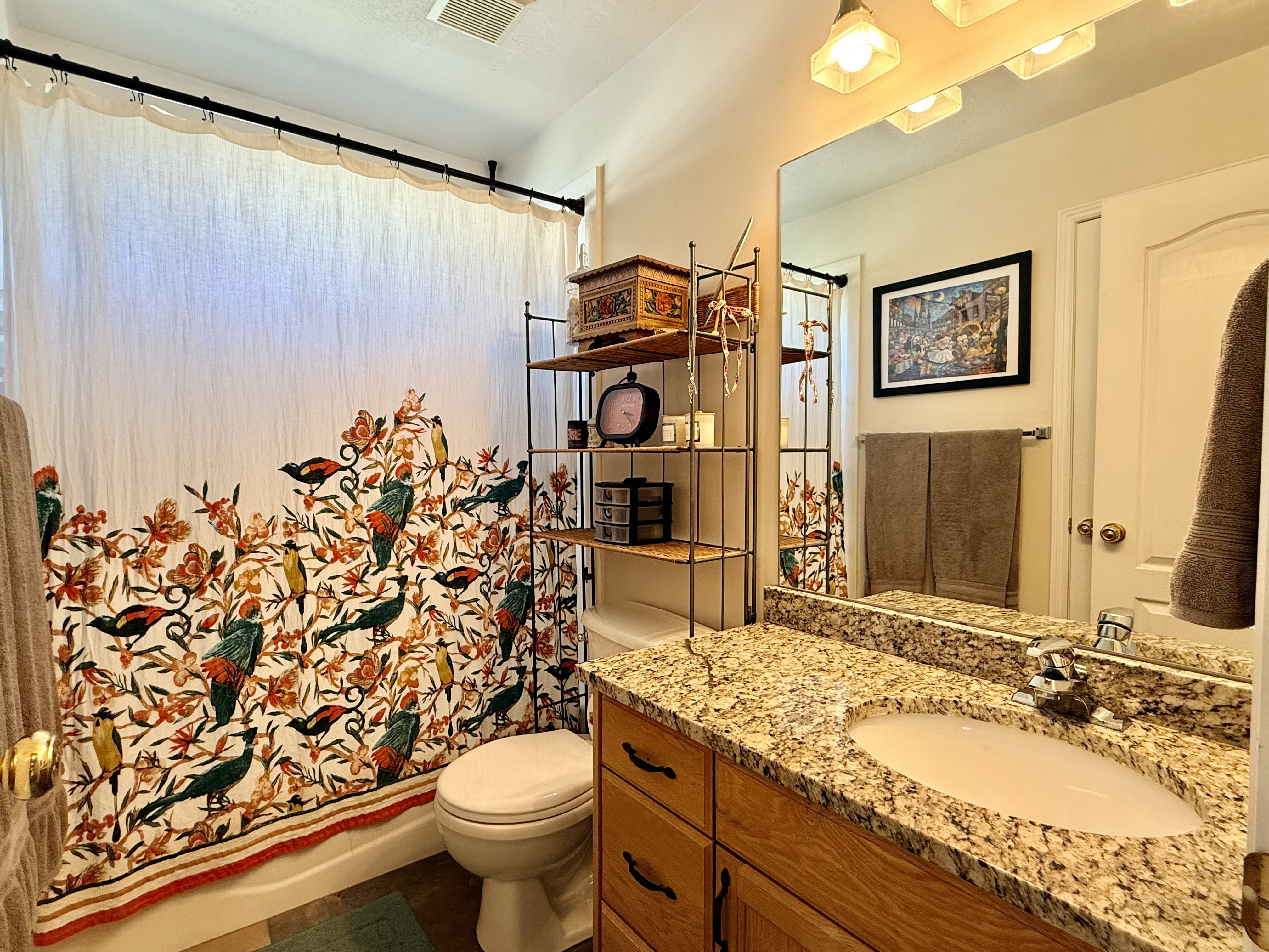 Bathroom featuring a granite-finish countertop, wood-finish vanity cabinetry, and an integrated sink with a chrome-finish faucet
