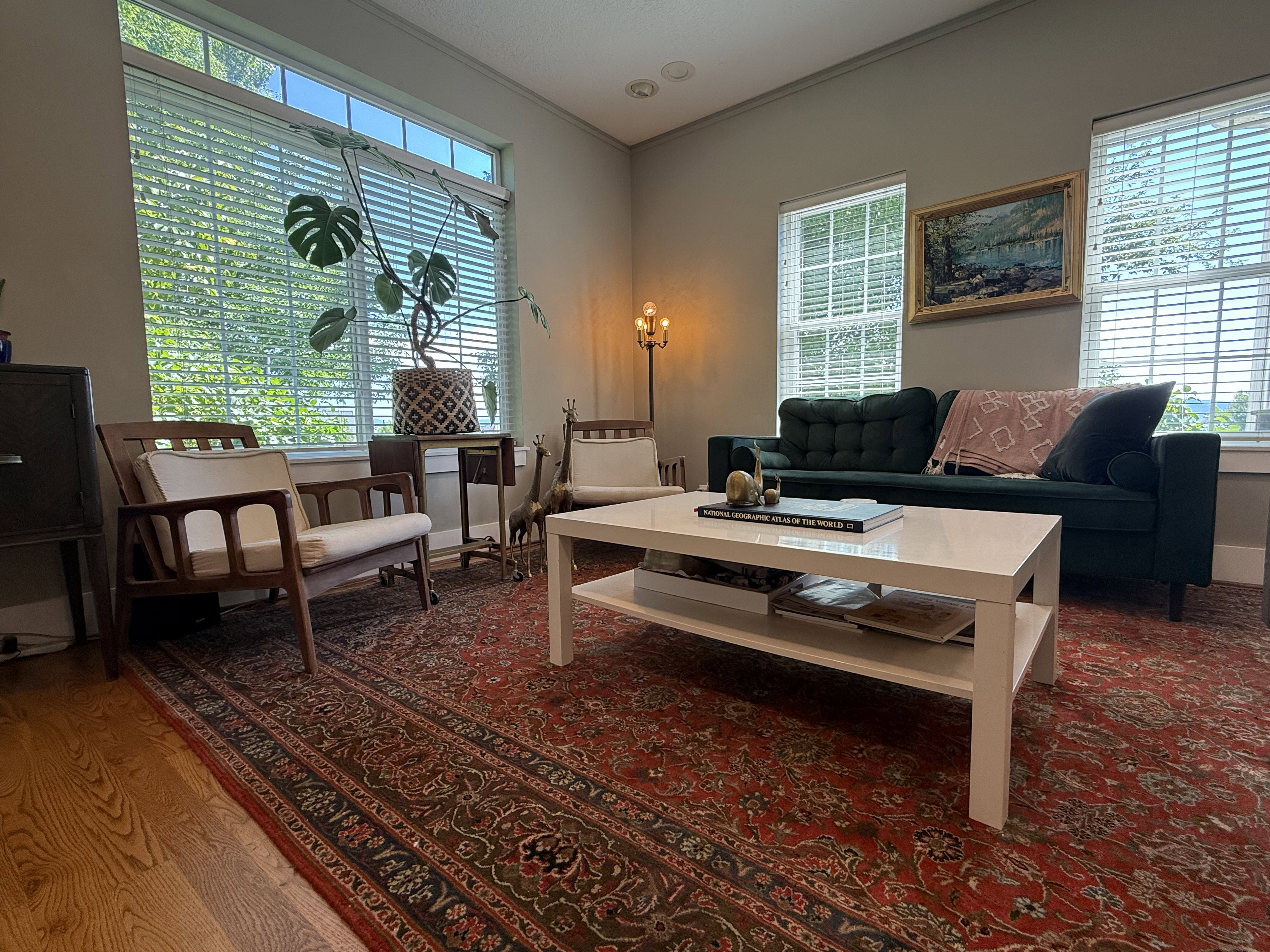 Bright living space featuring multiple windows with blinds, light-toned walls, and wood-finish flooring