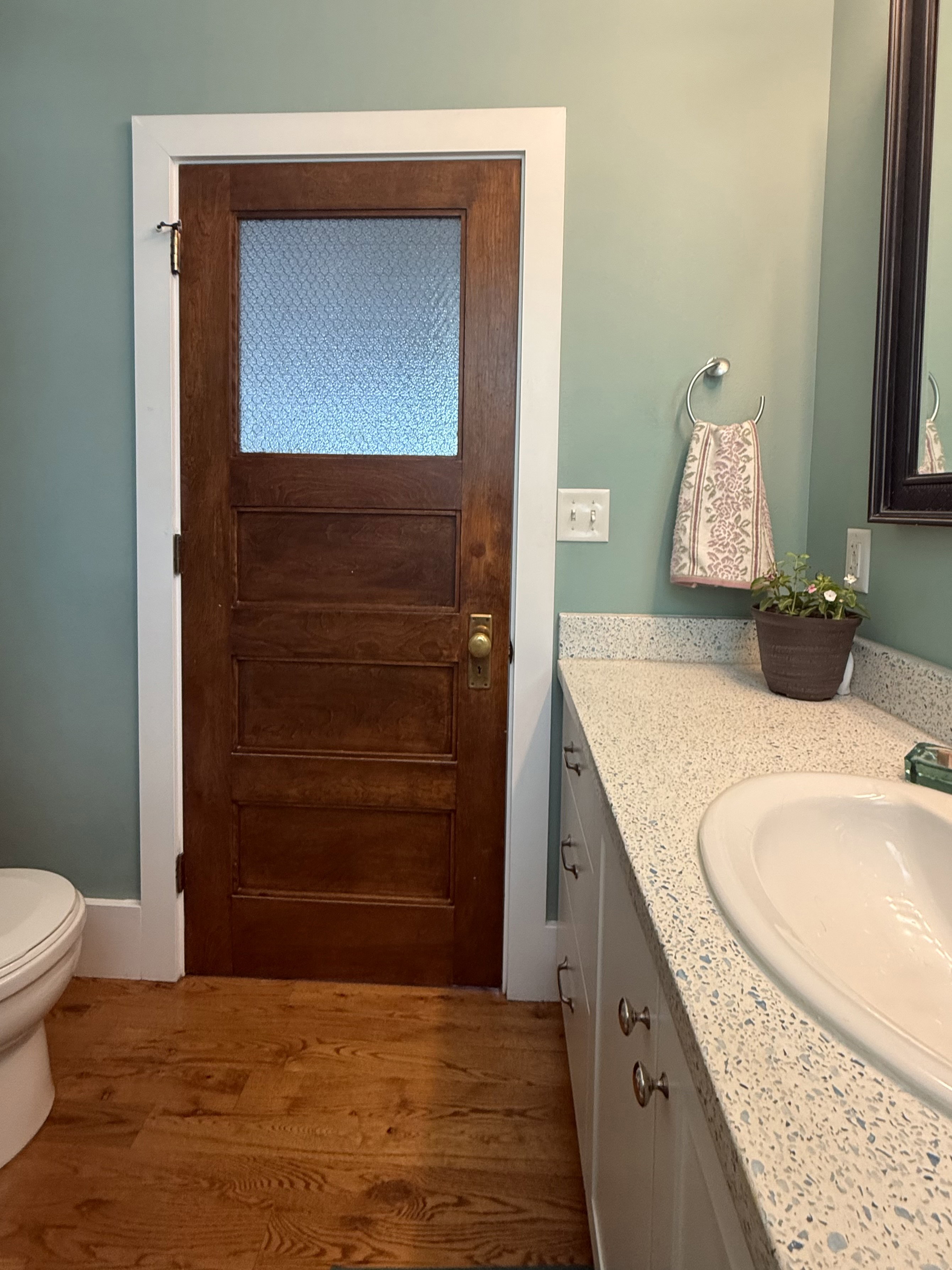 Wood-finish flooring complementing a rich wood door with privacy glass panel