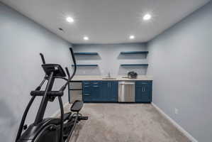 Dedicated flex space featuring a wet bar with dark blue cabinetry, a stainless steel sink, and a built-in dishwasher