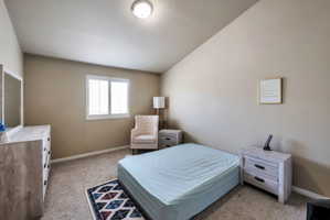 Carpeted room featuring a window with white louvered shutters, neutral wall tones, and a flush-mount ceiling light fixture