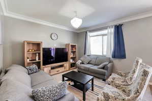 Living area featuring light gray walls, white crown molding, and wood-finish flooring