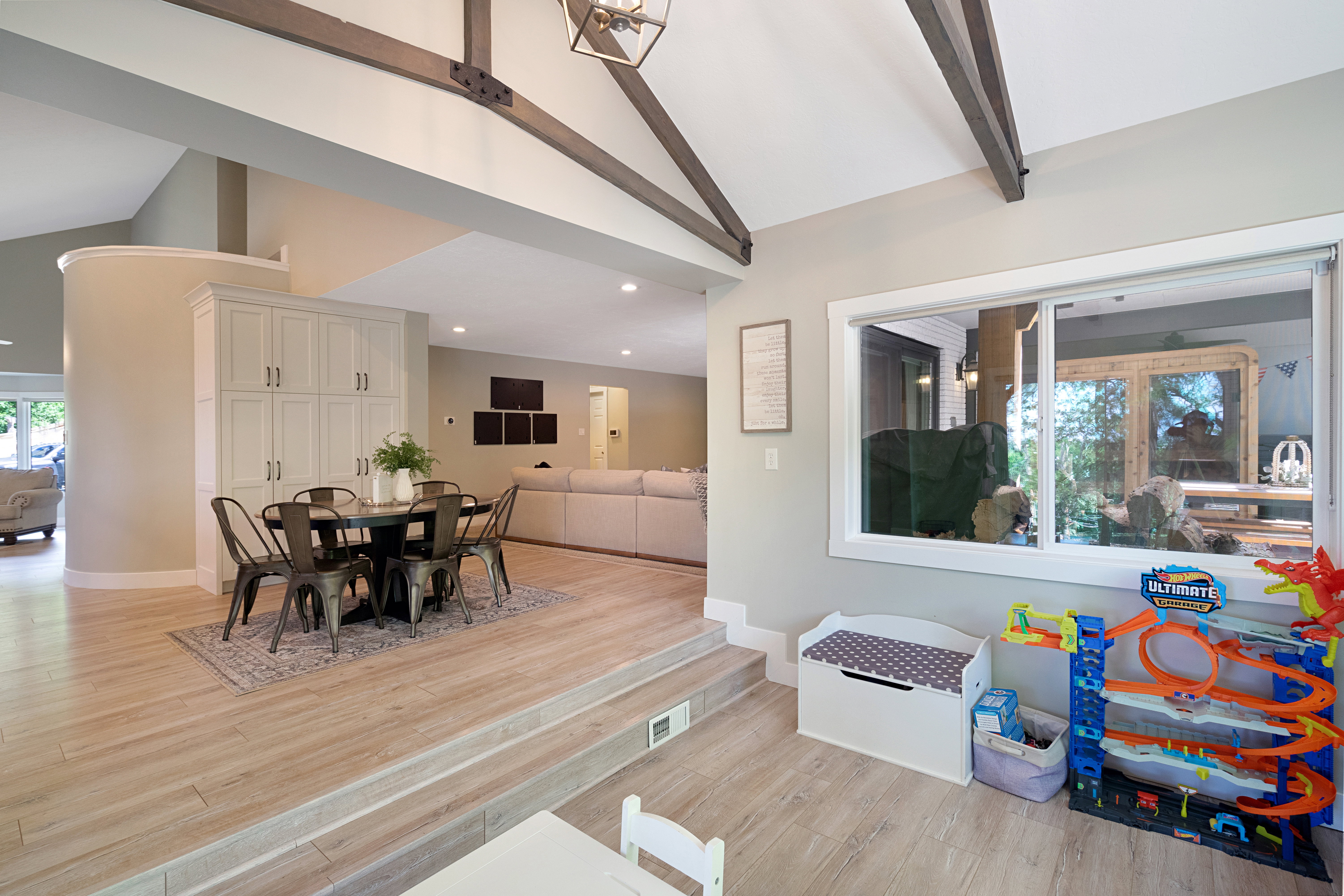 Vaulted ceiling with exposed wood beams