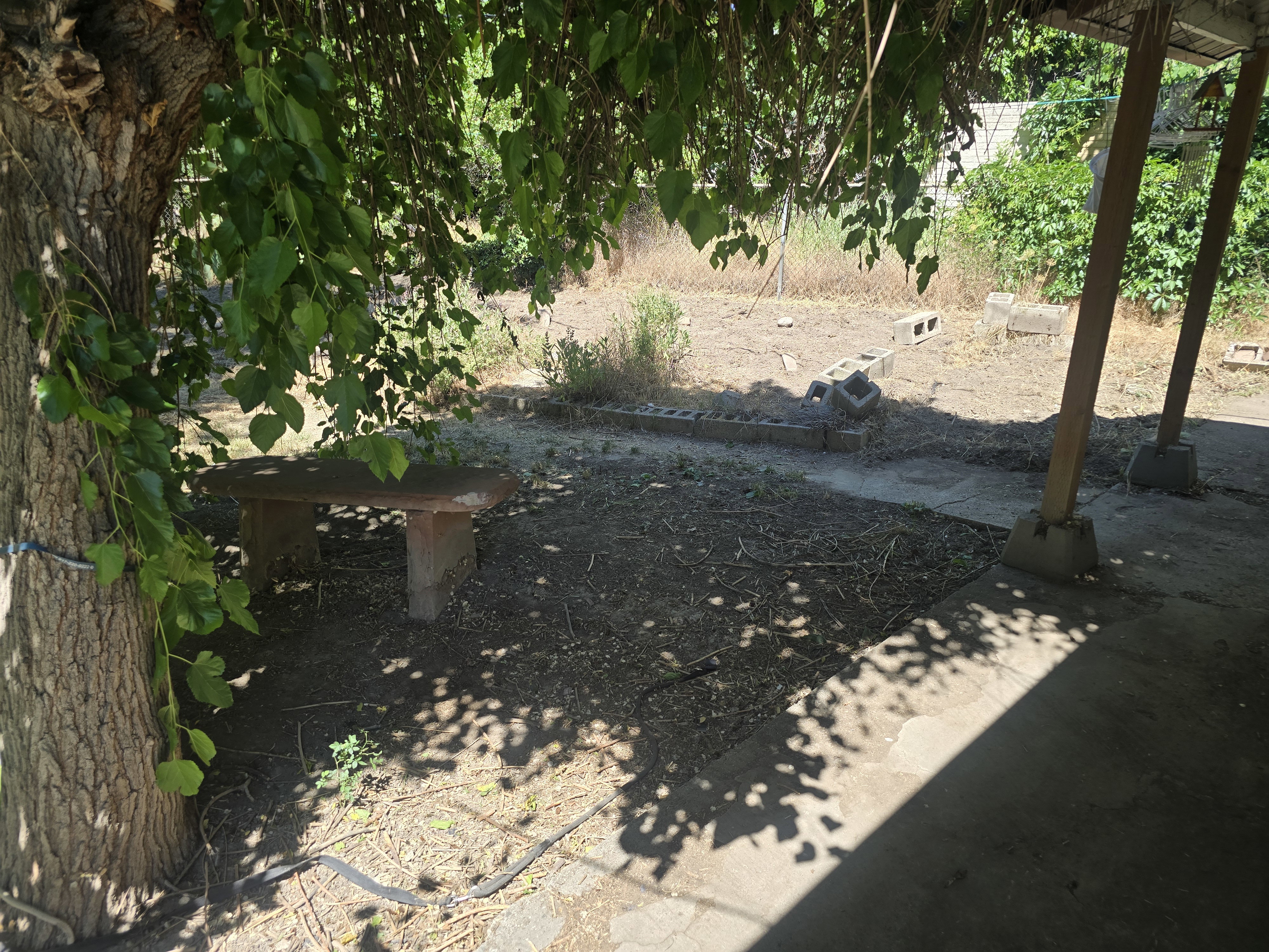 Expansive outdoor area featuring mature trees, a built-in stone bench, and a covered patio structure supported by wooden posts set on concrete bases