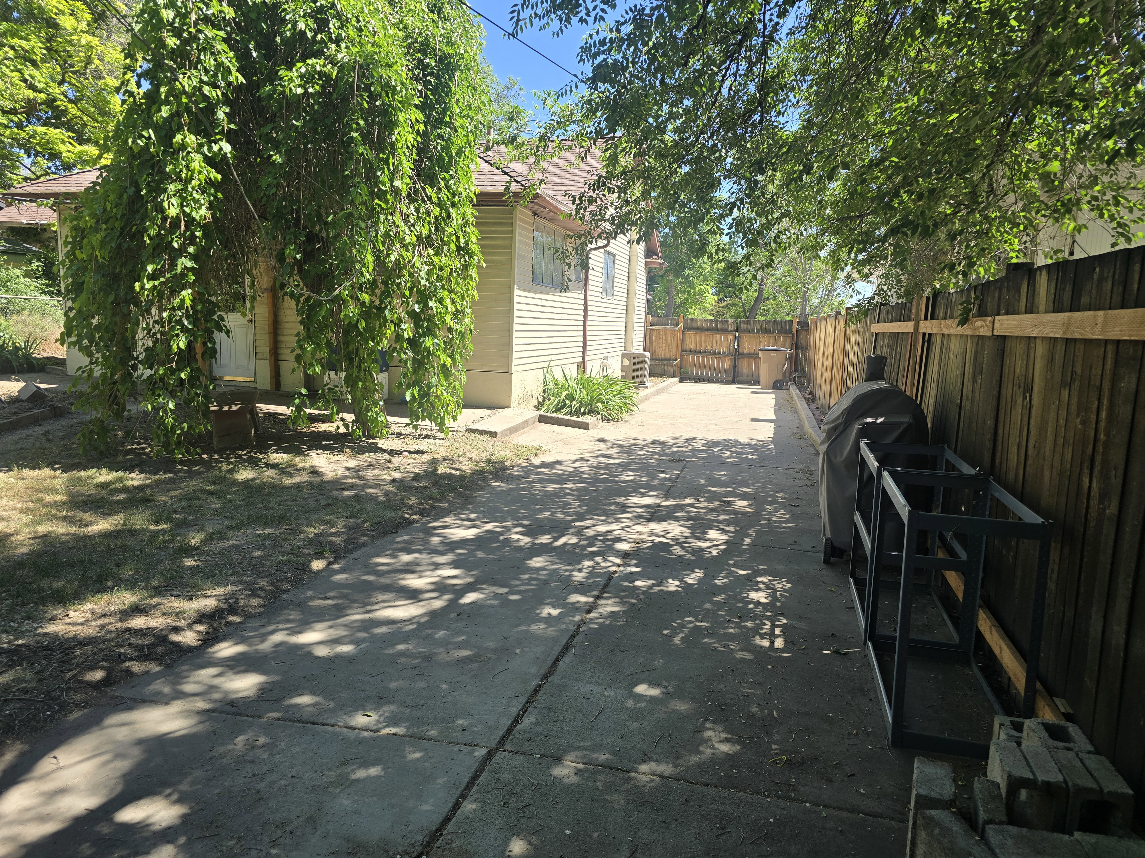 Private concrete driveway bordered by a tall wooden privacy fence, mature trees, and a beige-sided exterior