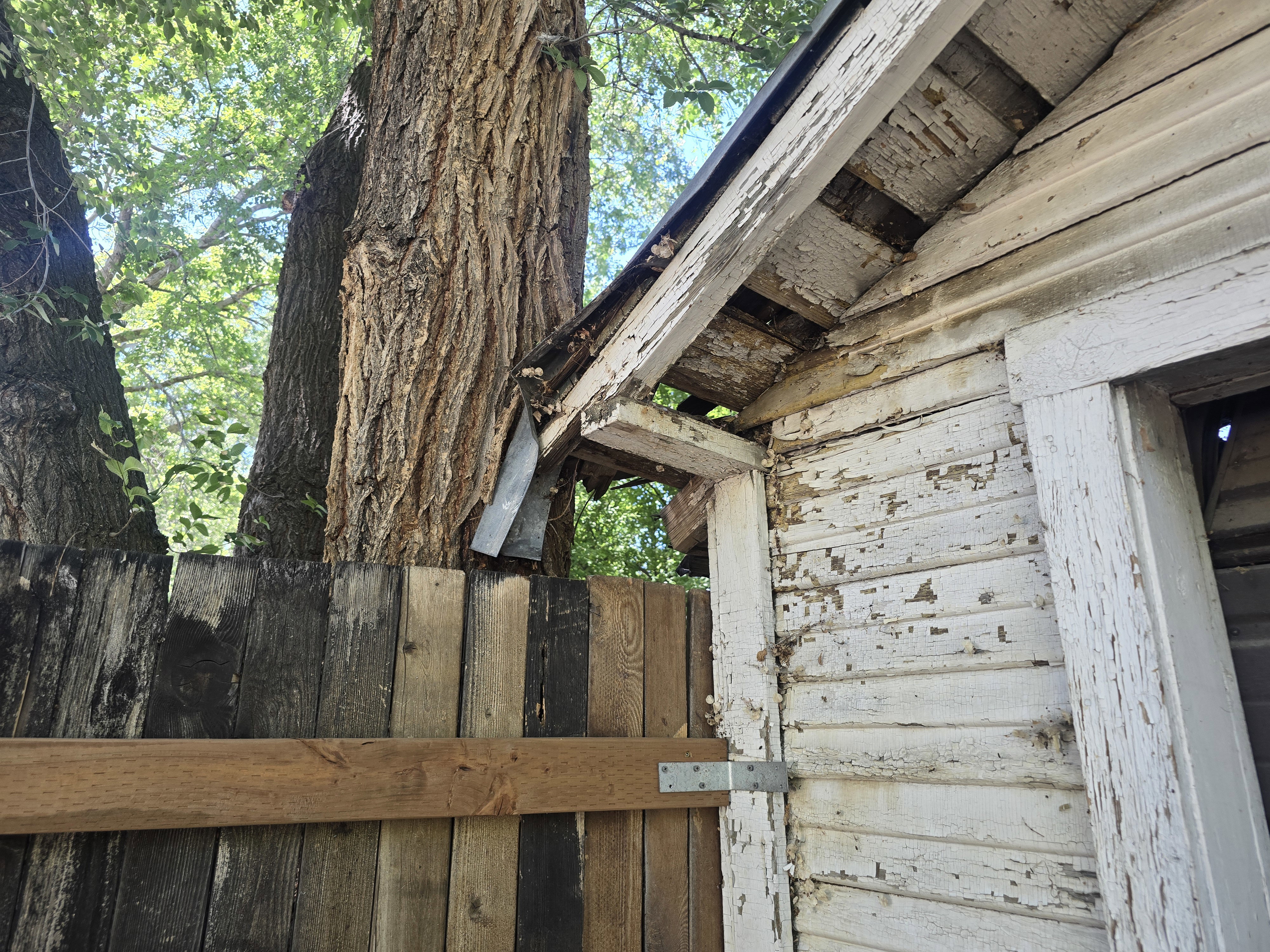 Wood-plank exterior featuring a weathered white paint finish and roof distress