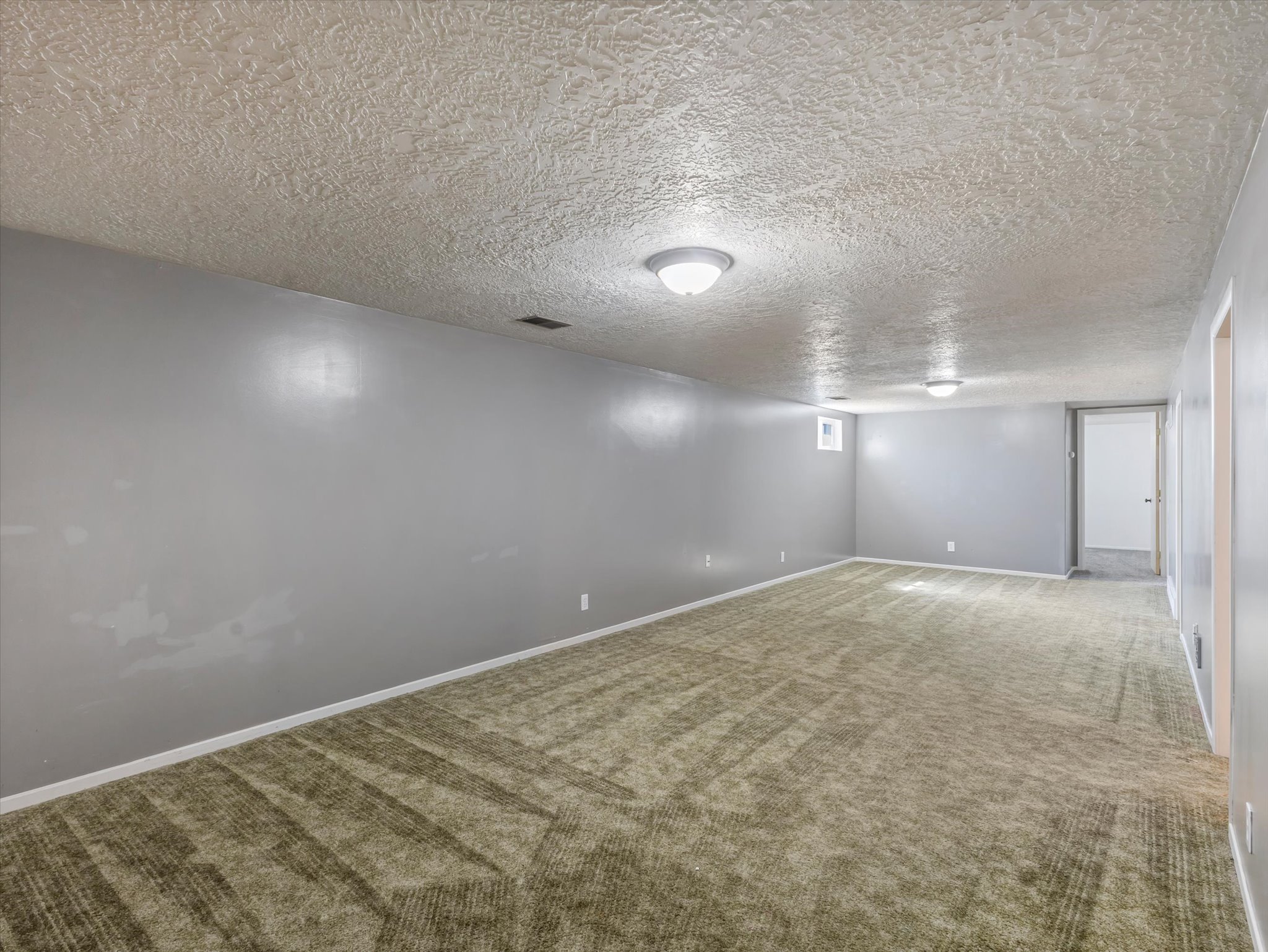 Spacious room featuring textured ceiling, light gray walls, plush patterned carpet, and flush-mount ceiling lights