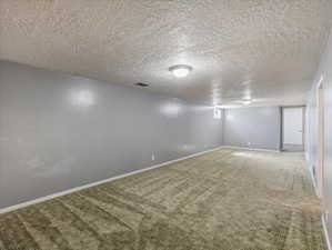 Spacious room featuring textured ceiling, light gray walls, plush patterned carpet, and flush-mount ceiling lights