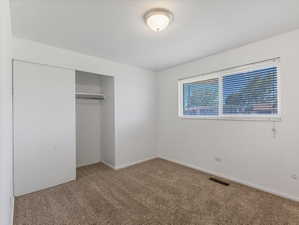 Light-colored carpeting and white walls create a neutral palette