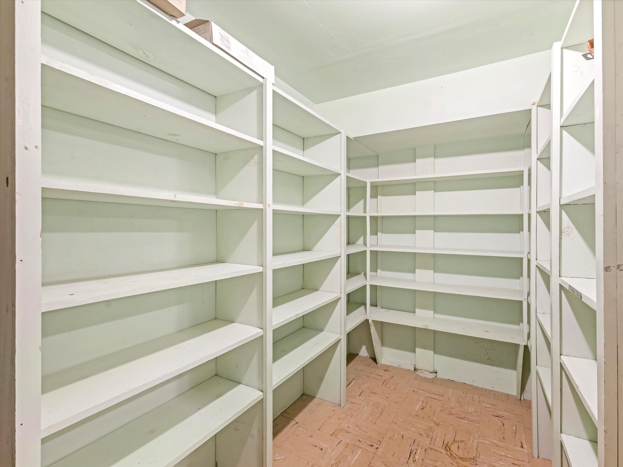 Walk-in storage room featuring extensive built-in shelving, providing ample vertical storage