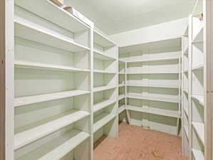 Walk-in storage room featuring extensive built-in shelving, providing ample vertical storage