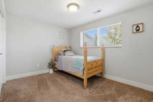 Neutral-toned room featuring light gray walls, brown carpet flooring, and white baseboards
