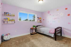 Bedroom featuring a large window, plush carpet flooring, a wall-mounted light fixture, and built-in wall shelving