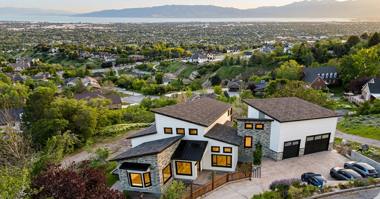 Contemporary multi-level residence featuring stone and white paneling exteriors, a multi-car driveway, and black-framed windows
