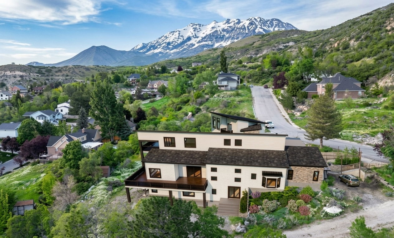 Contemporary multi-level residence featuring a white and stone exterior, a dark shingled roof, an expansive deck with dark railing, and multiple large windows