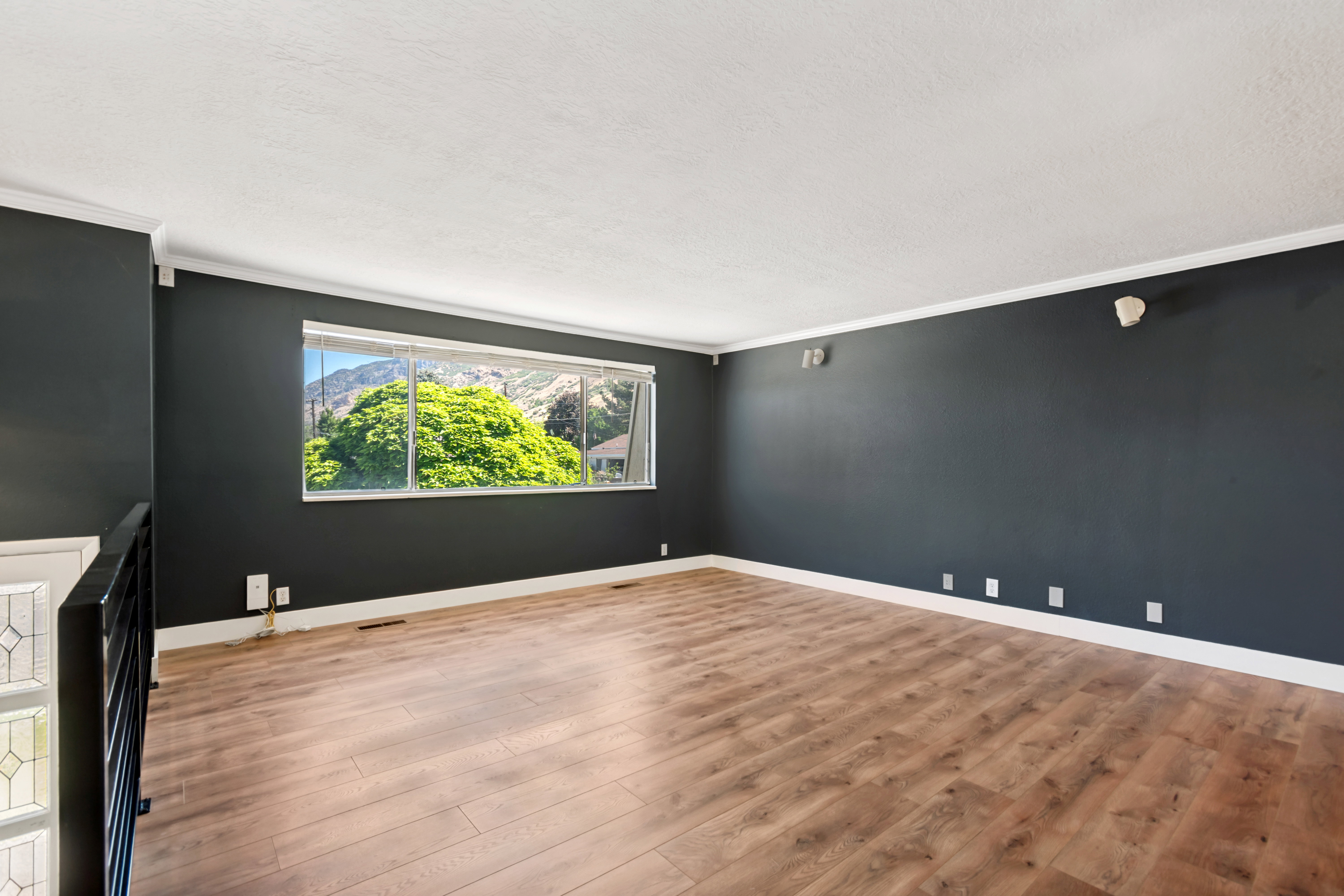 Living room walls are more navy than photo shown