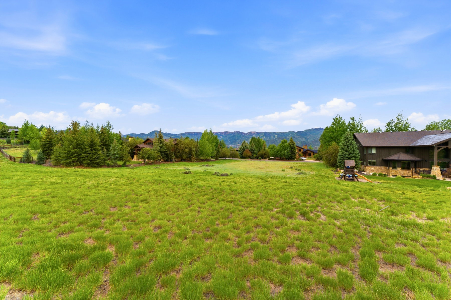 Expansive grassy terrain with distant mountain scenery