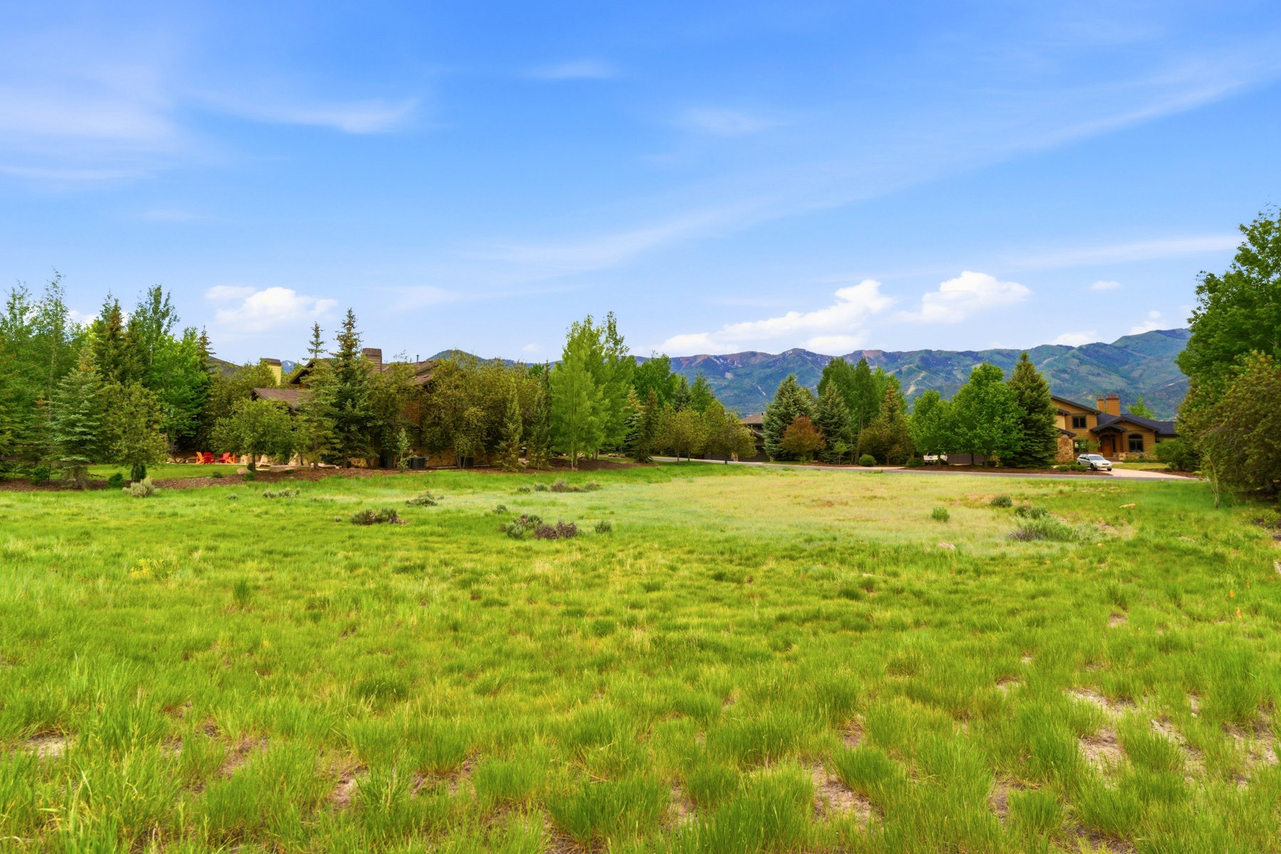 Expansive grassy lot providing a building opportunity with mature trees and mountain scenery