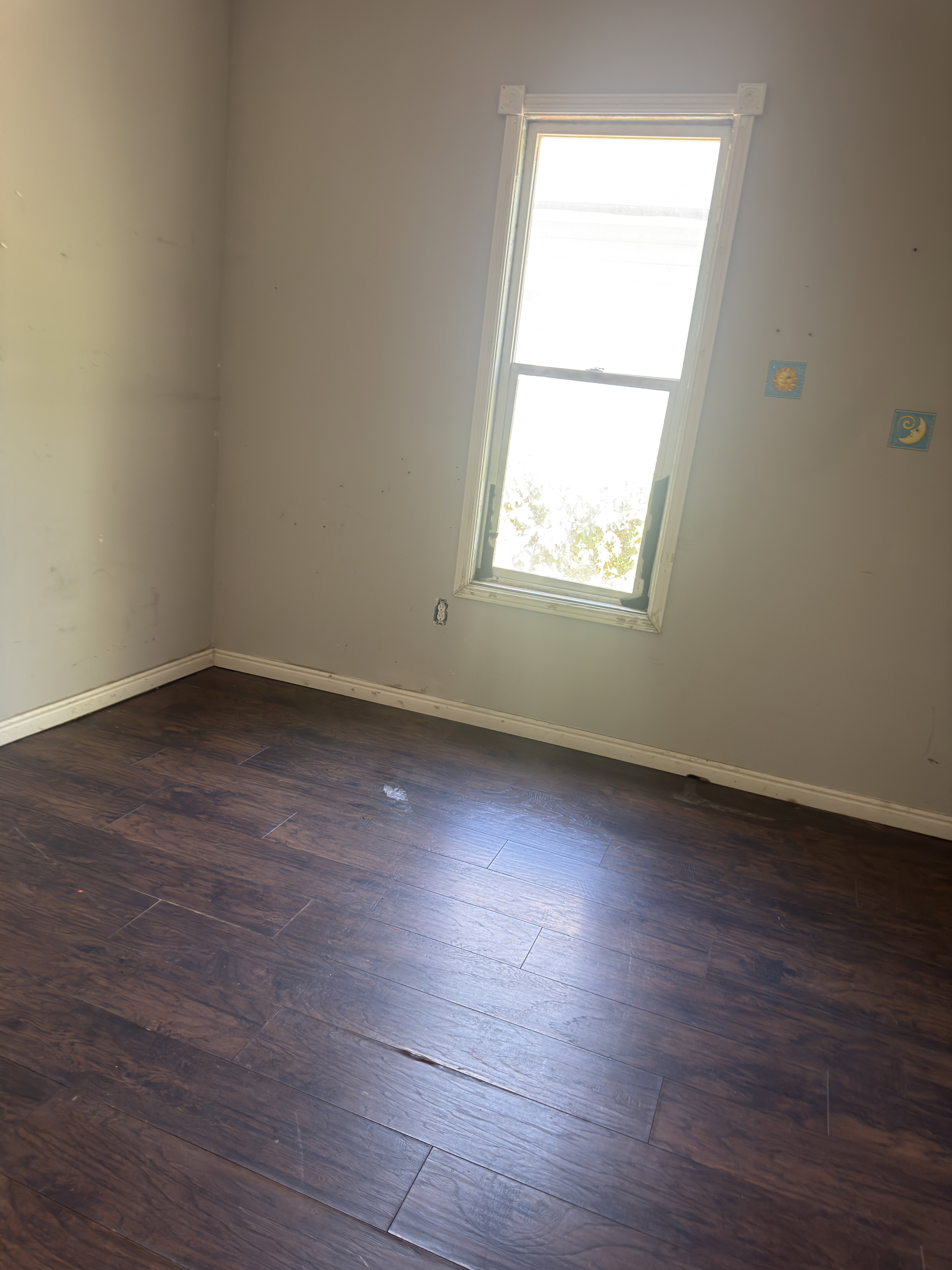 Room featuring dark wood-finish flooring, a single window with white trim, and light-colored walls