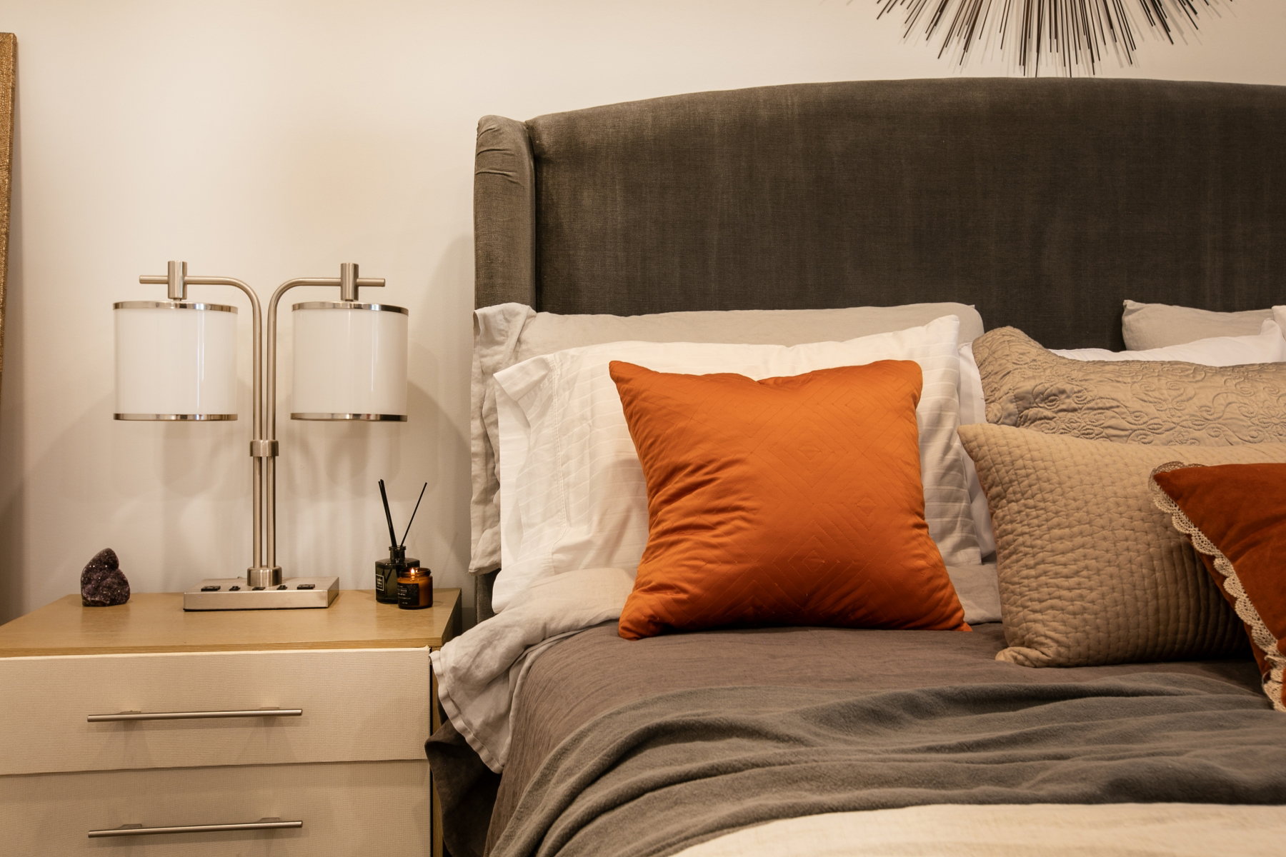 Upholstered headboard in a neutral tone