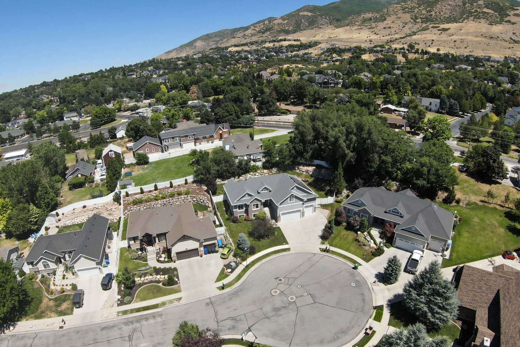 Residential cul-de-sac with manicured landscaping