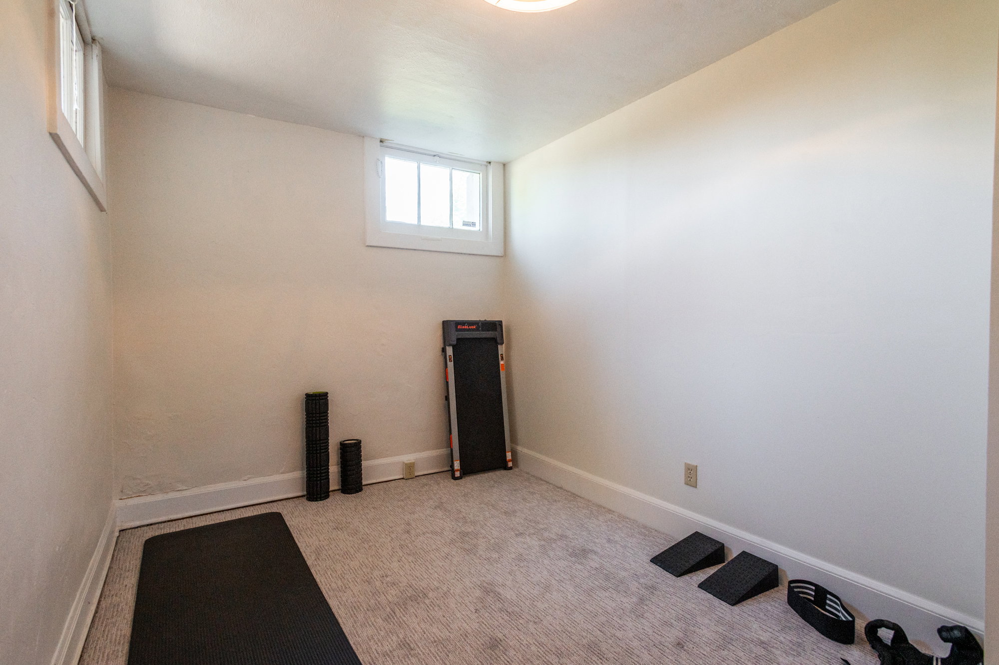 Carpeted room featuring light-toned walls, white trim, and two elevated windows