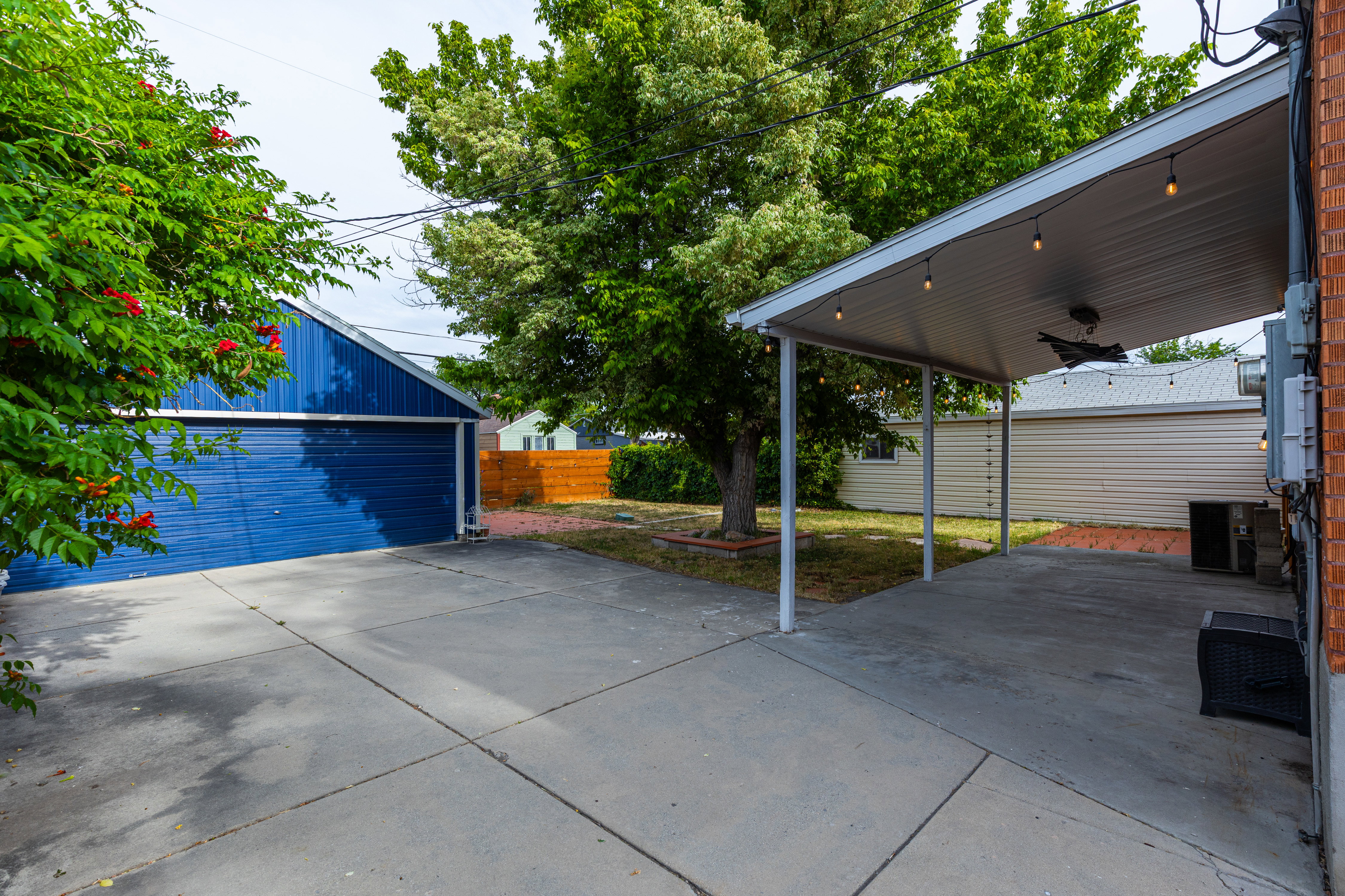 Concrete driveway leading to a detached garage and a covered carport