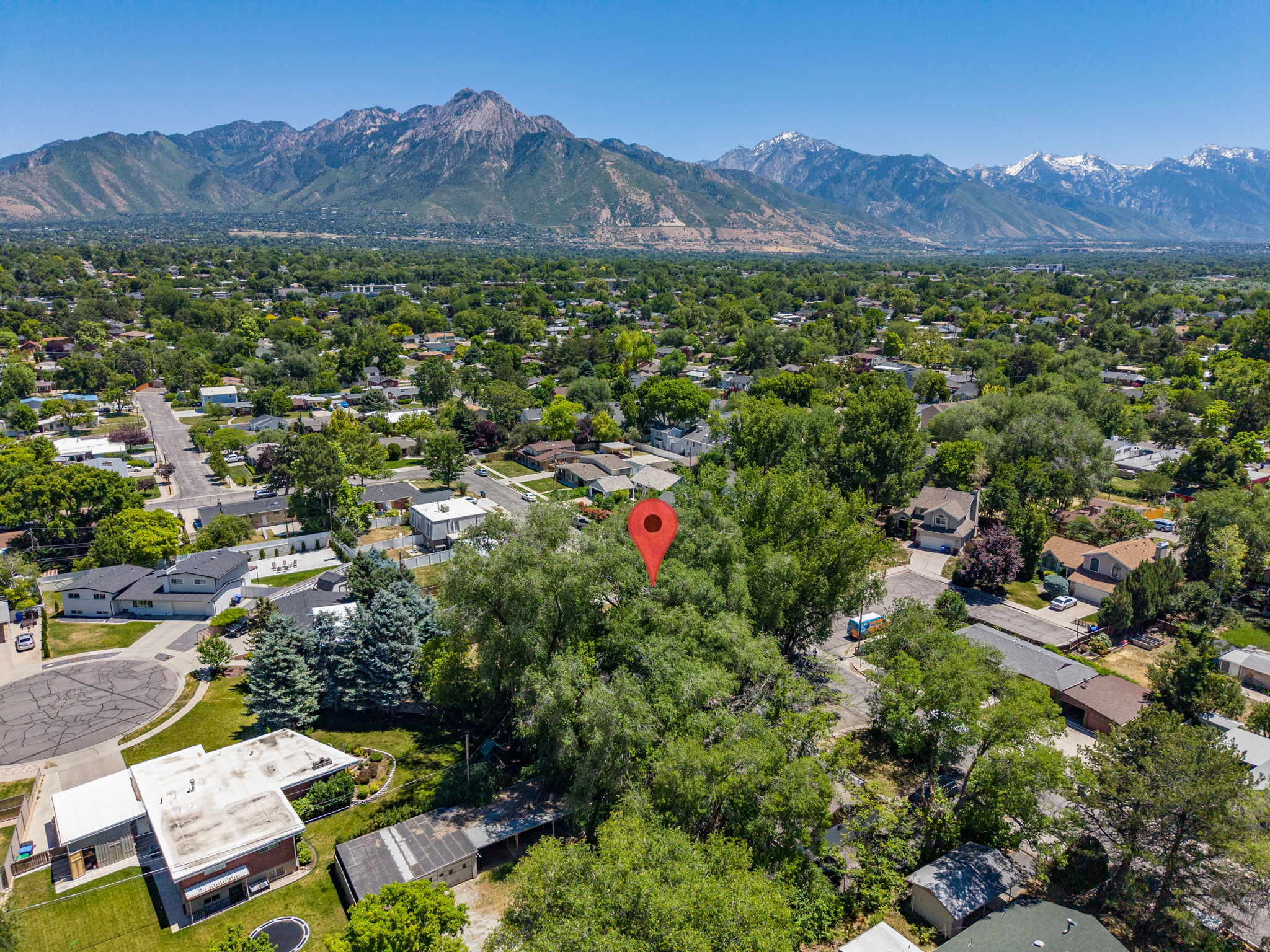 Aerial perspective showcasing a residential neighborhood with mature trees and visible streets