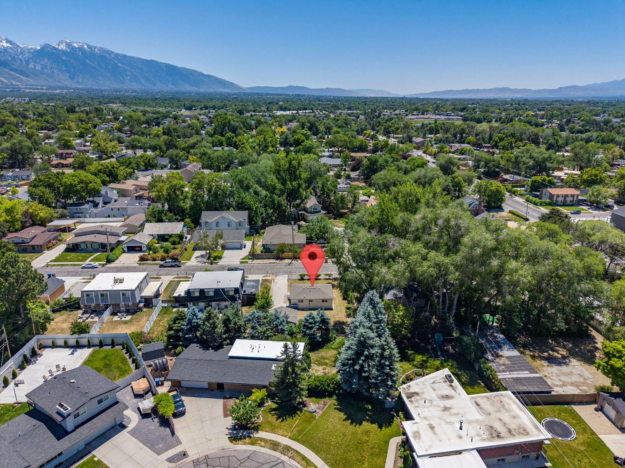 Aerial perspective of a residential street with mature trees and mountain backdrop