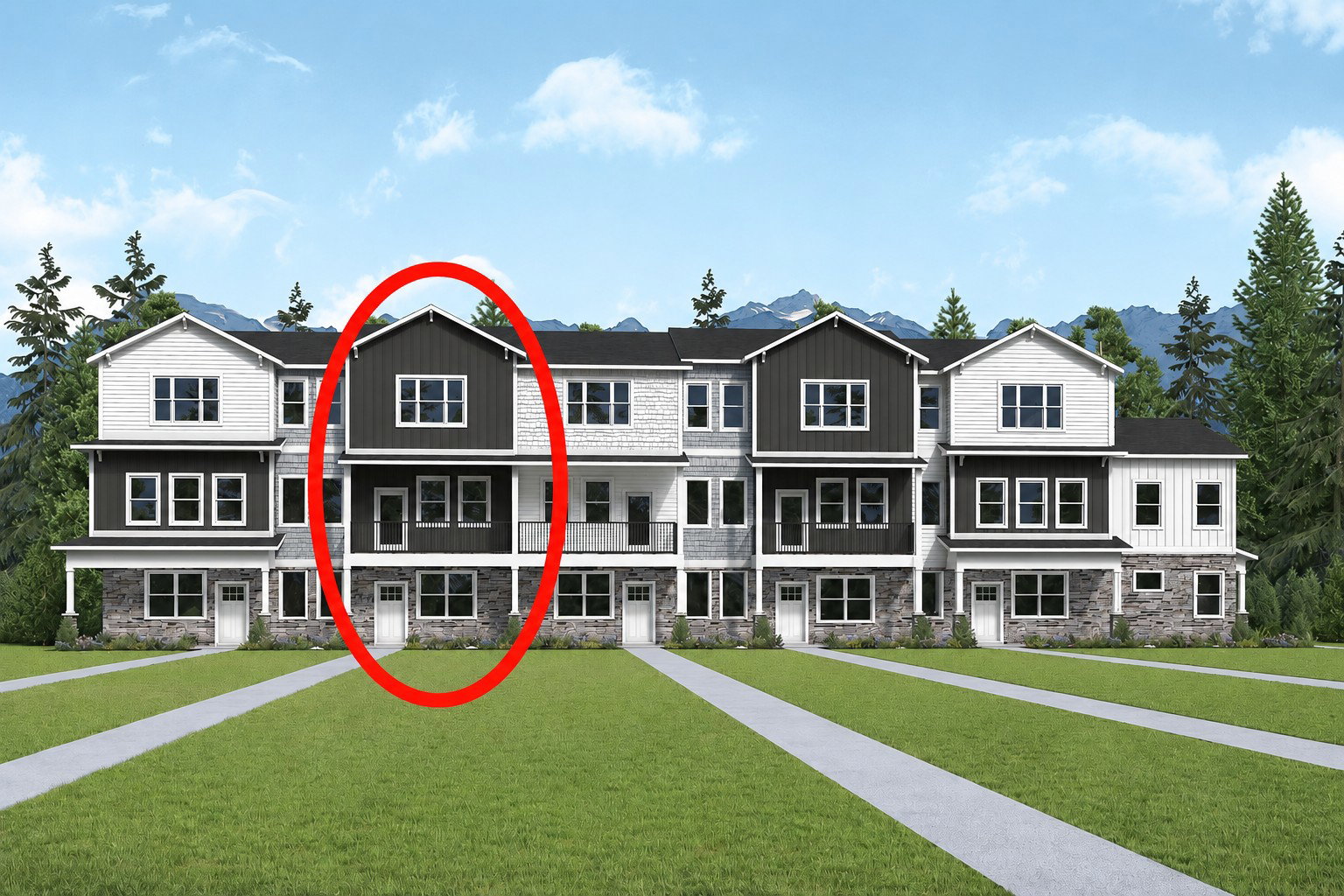 Exterior rendering of Hess Farms townhomes.