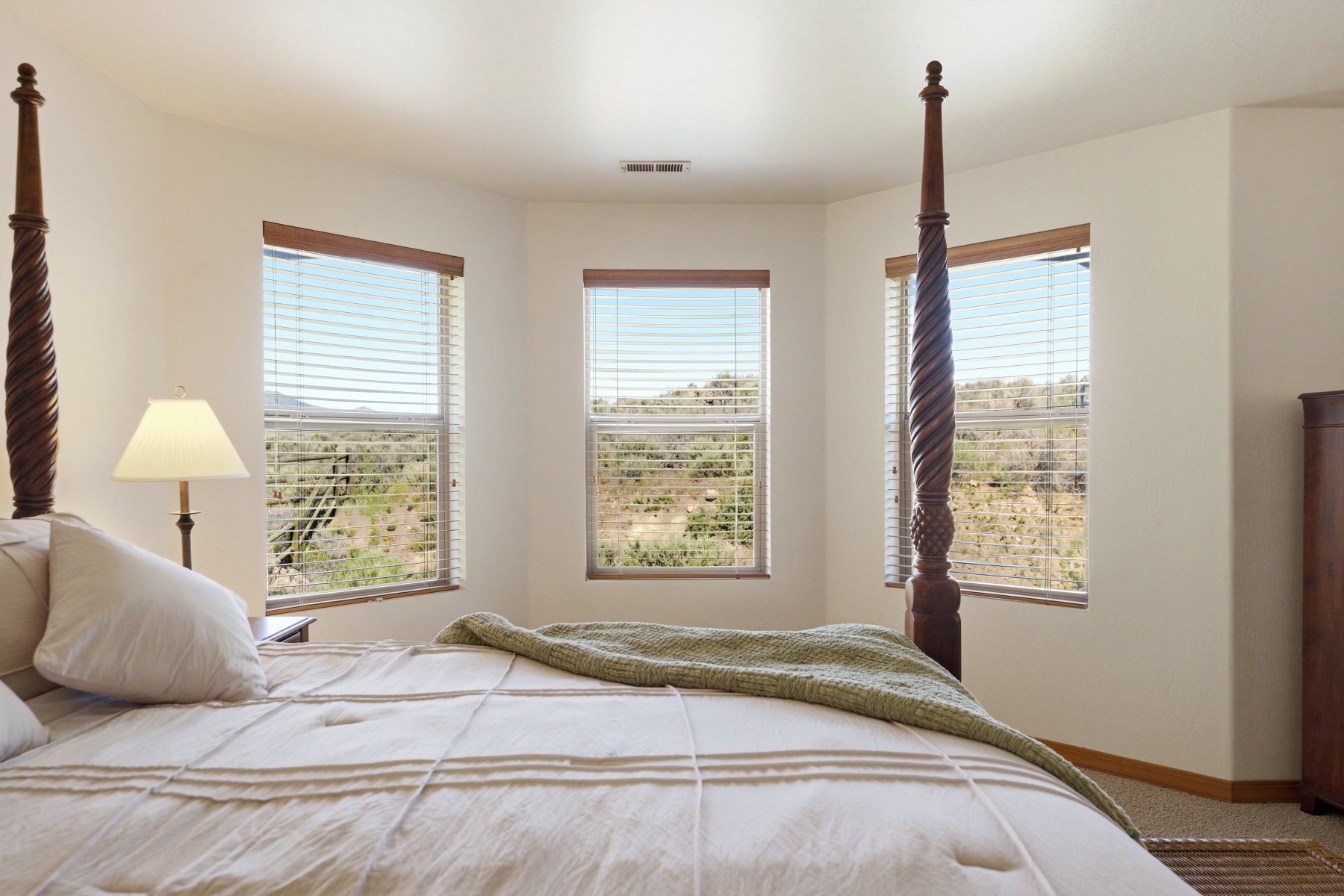 Bay window with three individual windows overlooking a natural landscape
