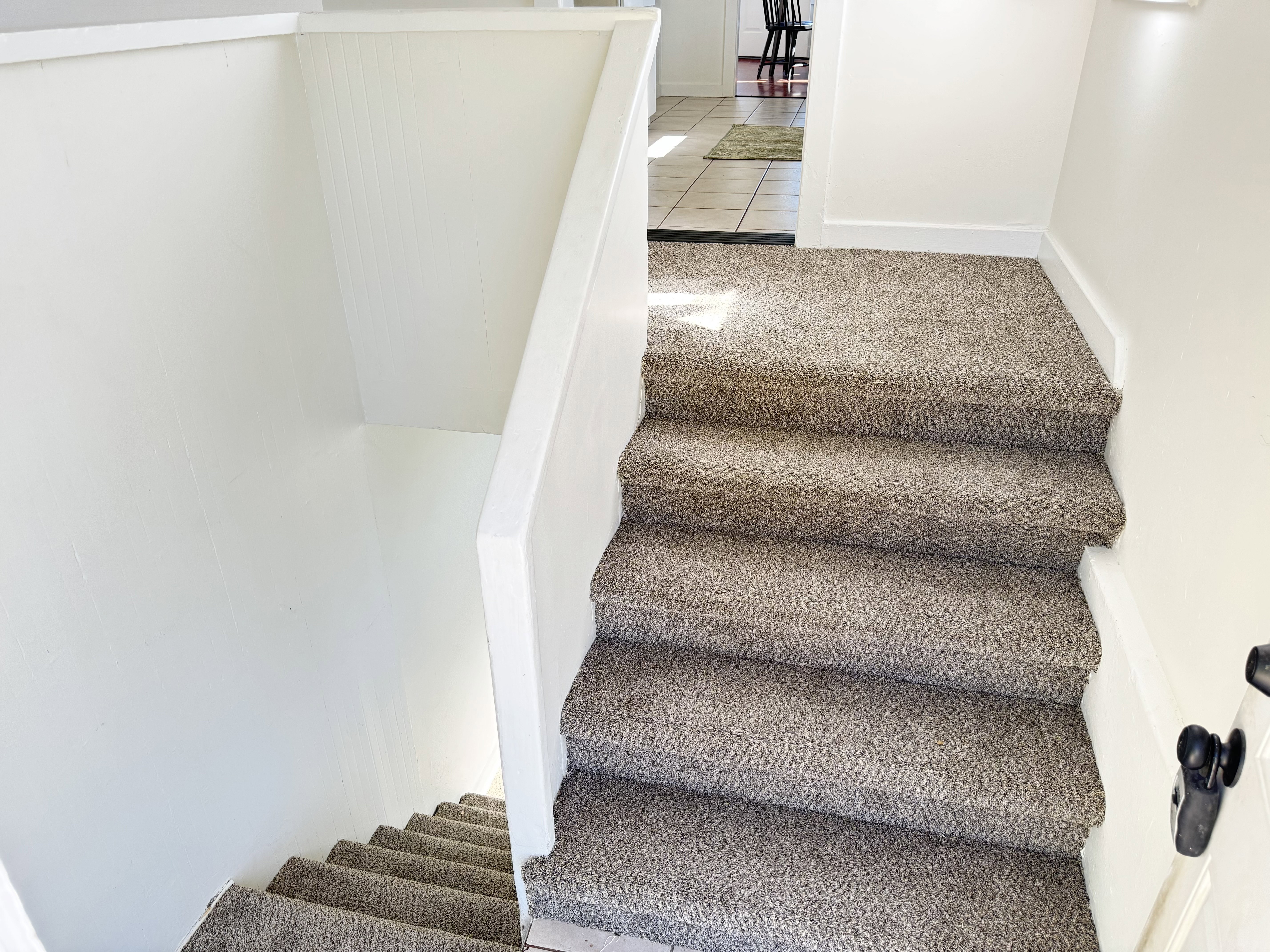 Carpeted staircase with white painted walls and trim, featuring a white painted handrail