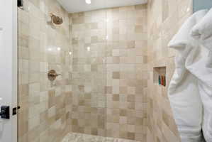 Tiled shower with a rain shower head, brushed nickel fixtures, built-in recessed shelf, and mosaic tile flooring