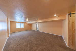 Expansive room with neutral carpeting and light-toned walls