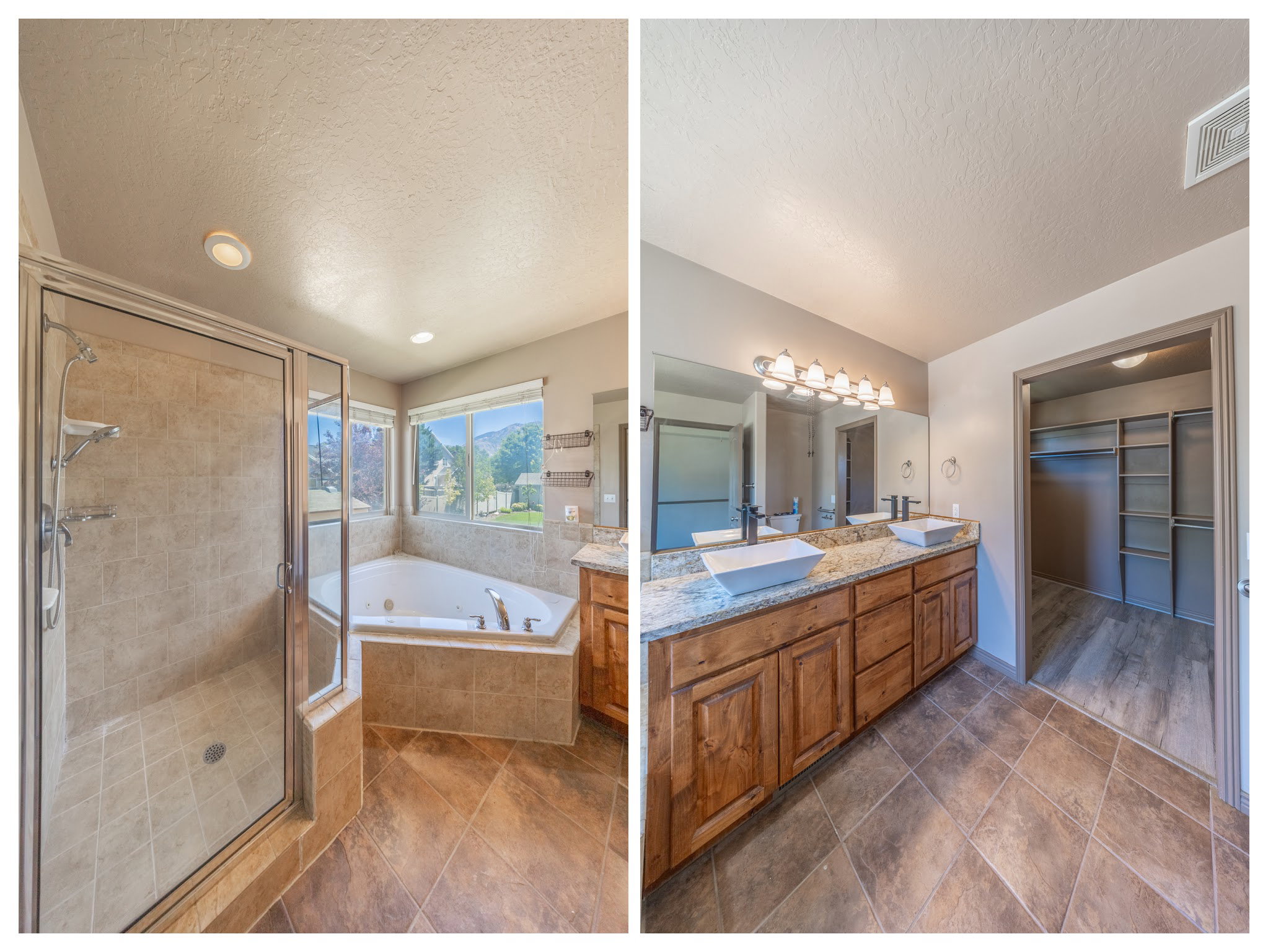 Spacious bathroom featuring a glass-enclosed shower, corner soaking tub, dual vessel sinks atop a granite-finish vanity, and a separate walk-in closet with built-in shelving