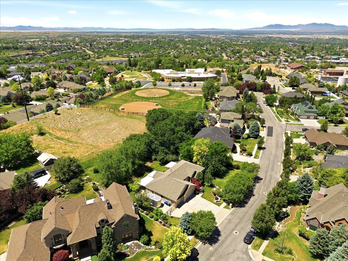 Aerial perspective showcasing a residential area with mature trees and established landscaping