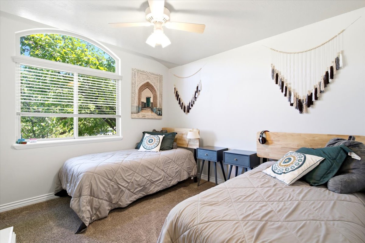Carpeted room featuring a large arched window with blinds, a ceiling fan with integrated lighting, and white painted walls