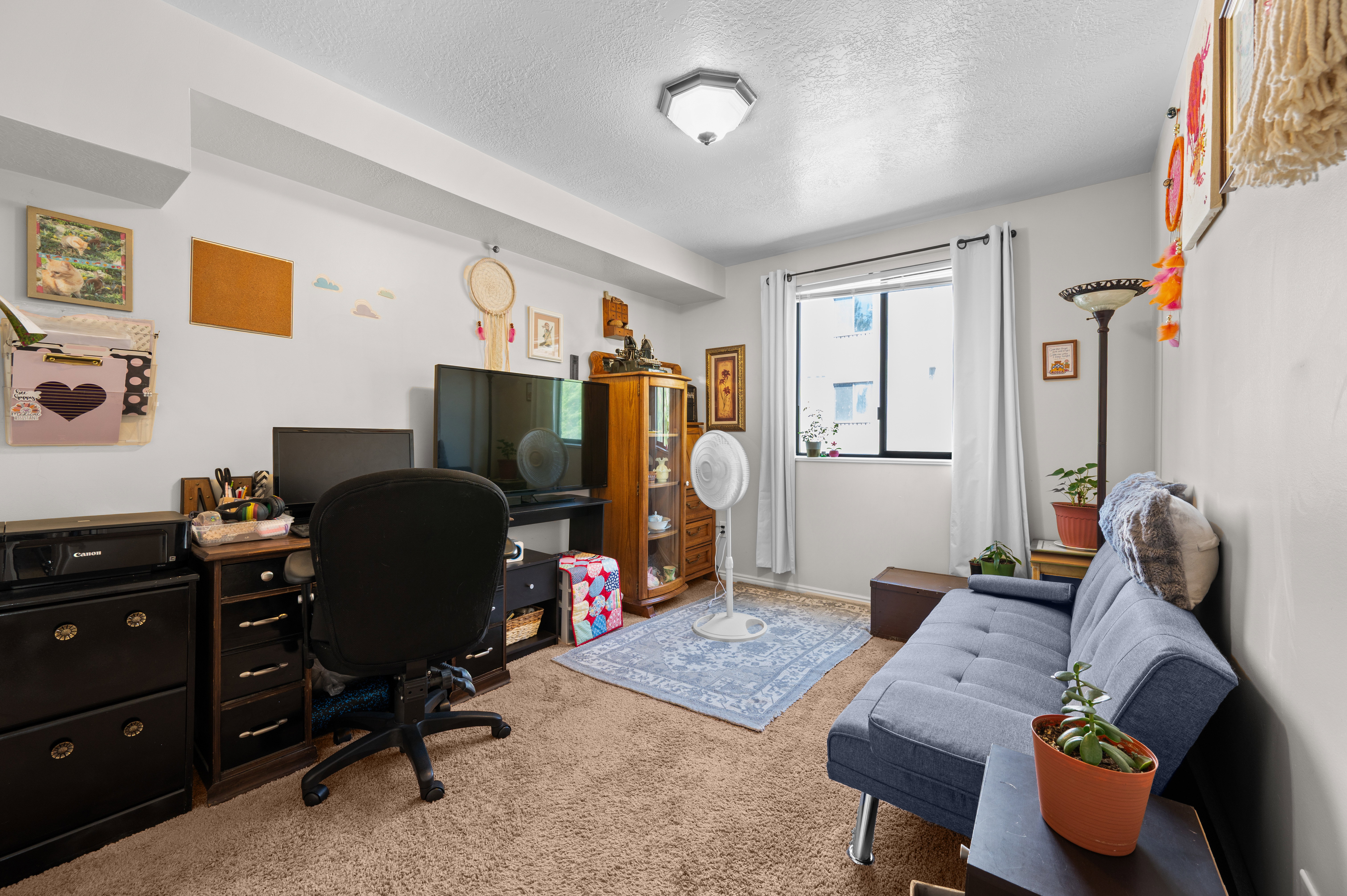 Carpeted interior room with a window and a ceiling-mounted light fixture