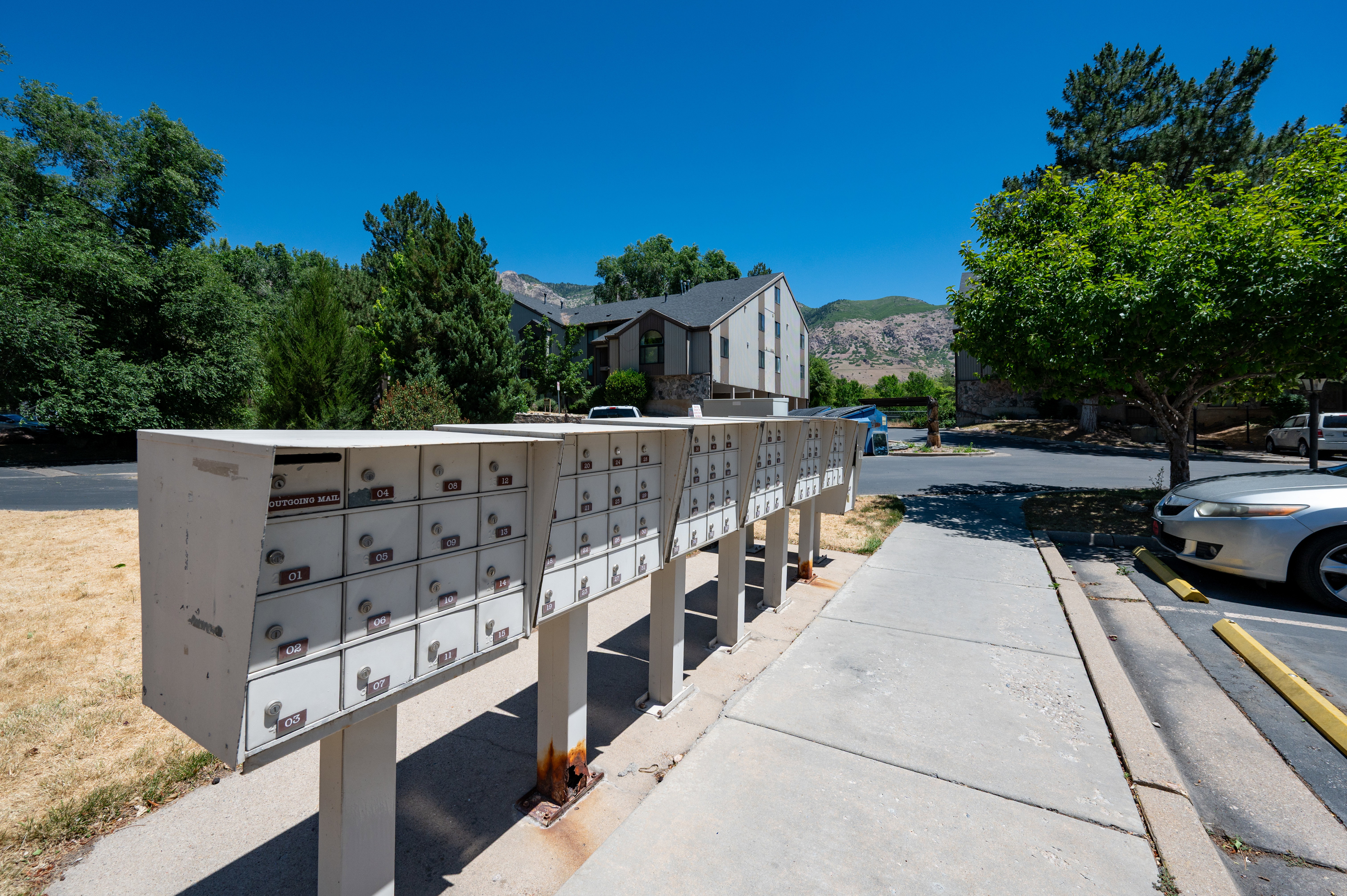 Community mailboxes alongside a concrete sidewalk, bordered by a paved surface