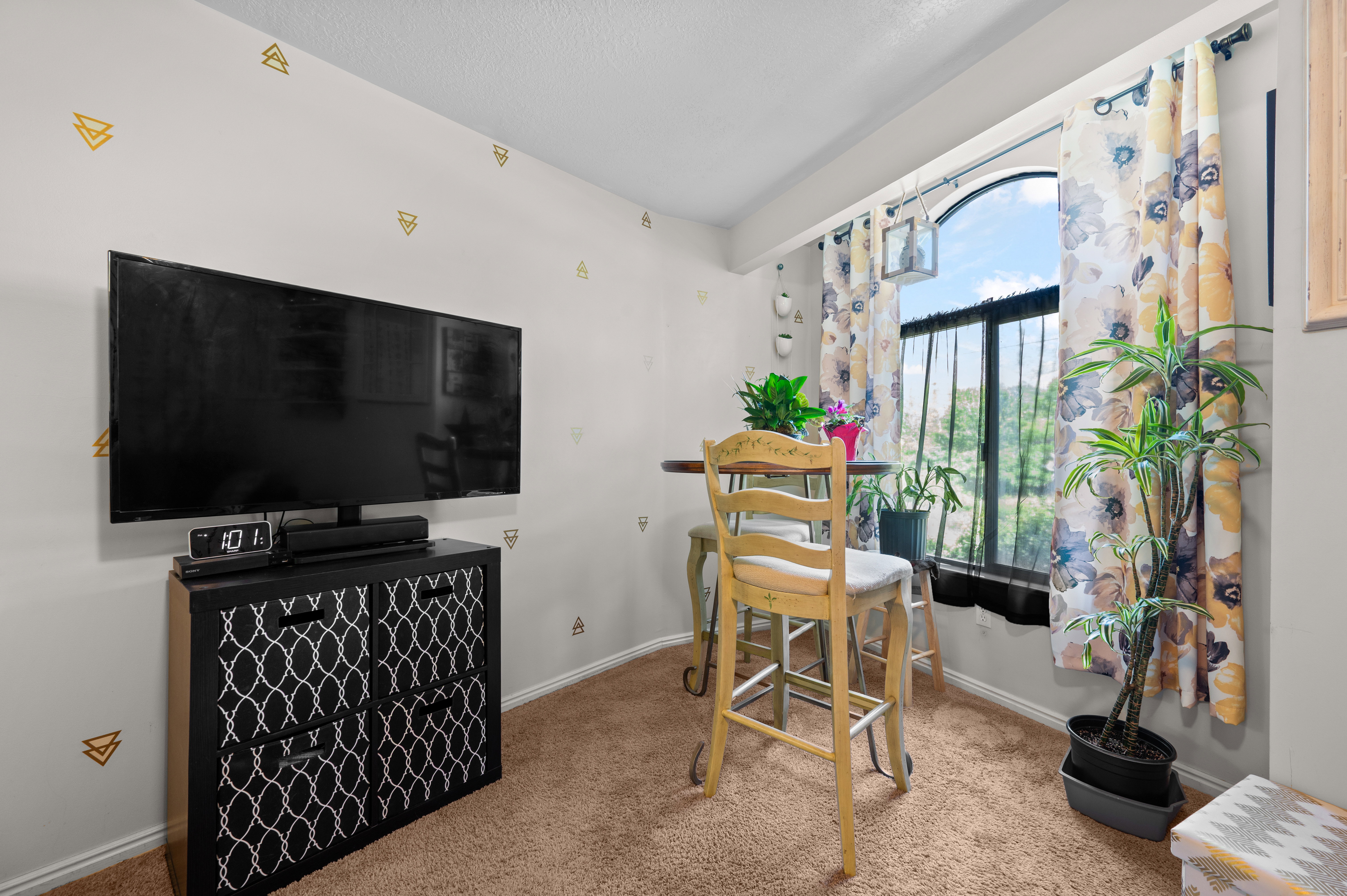 Room featuring a curved-top window, light-colored walls, and brown carpeting