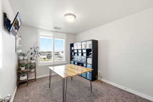 Room featuring a large window with white louvered shutters, light gray wall paint, and gray carpet