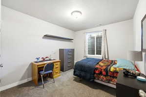 Carpeted room featuring a single window, white walls, and a ceiling-mounted light fixture