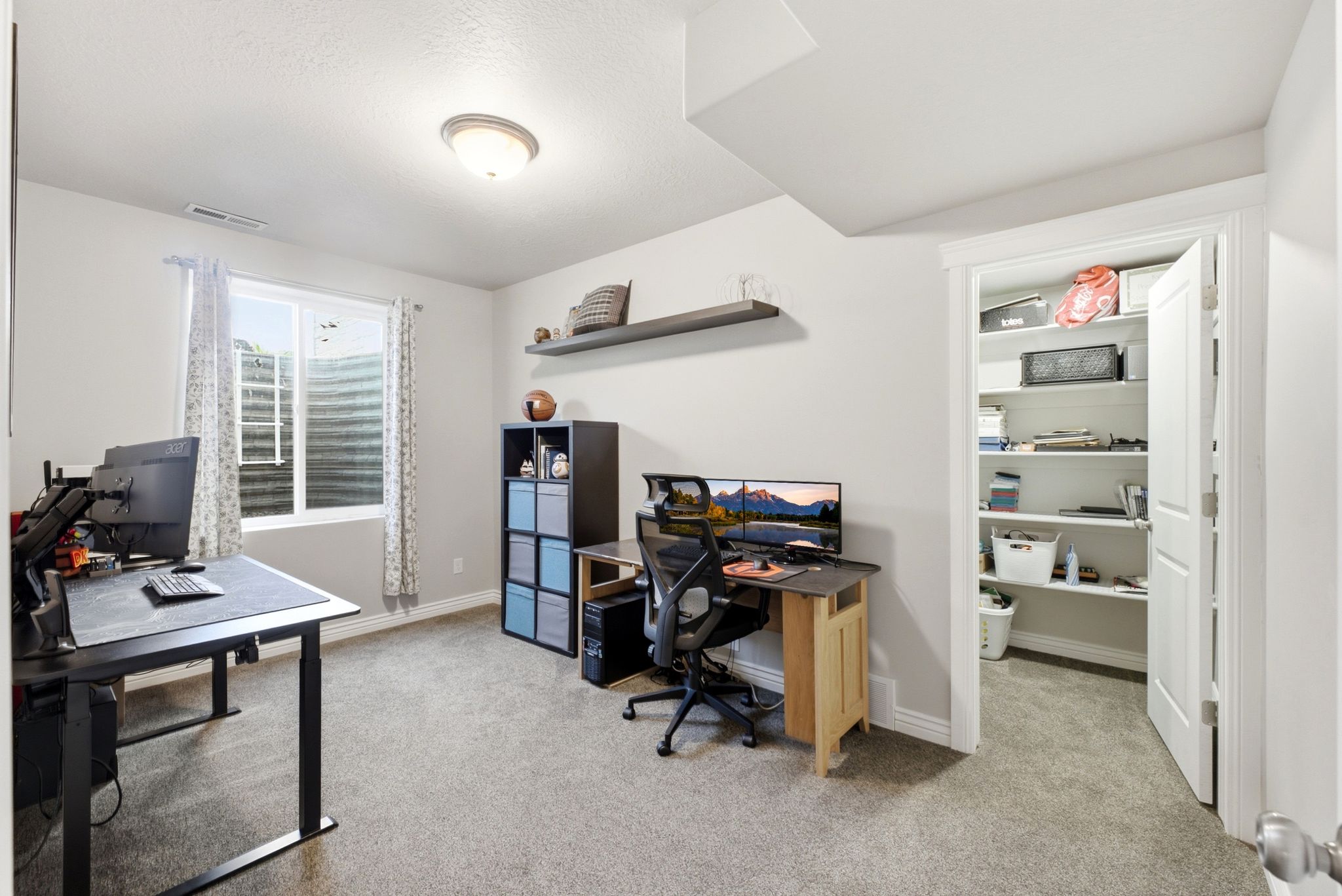Carpeted room featuring a white-framed window, a ceiling-mounted light fixture, white walls, and a built-in closet with shelving